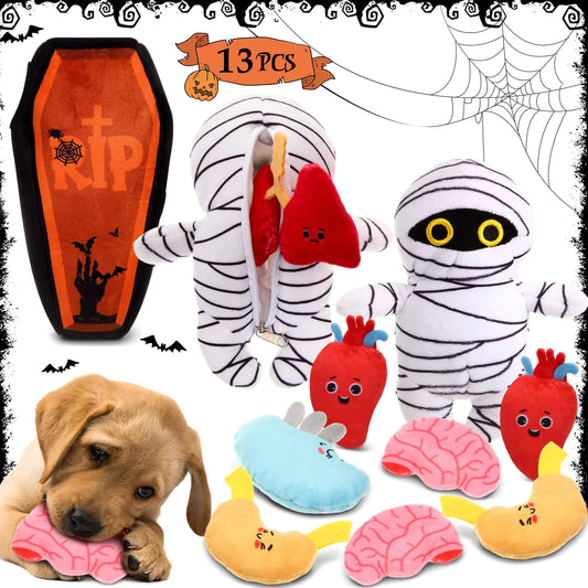 Spooky Halloween Dog Toy Set – Mummy & Coffin Squeaky Toys with Interactive Organs
