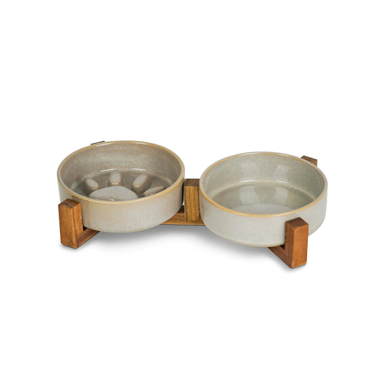 Slow Feeder Pet Bowl Set – Ceramic Dog and Cat Food & Water Bowls with Wooden Stand